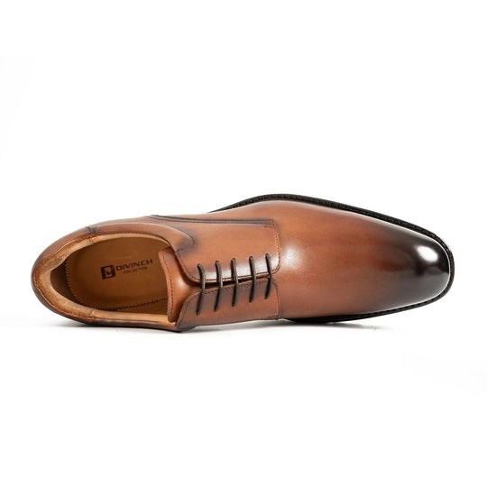 Brown leather derby shoe side view with lace-up and branded insole