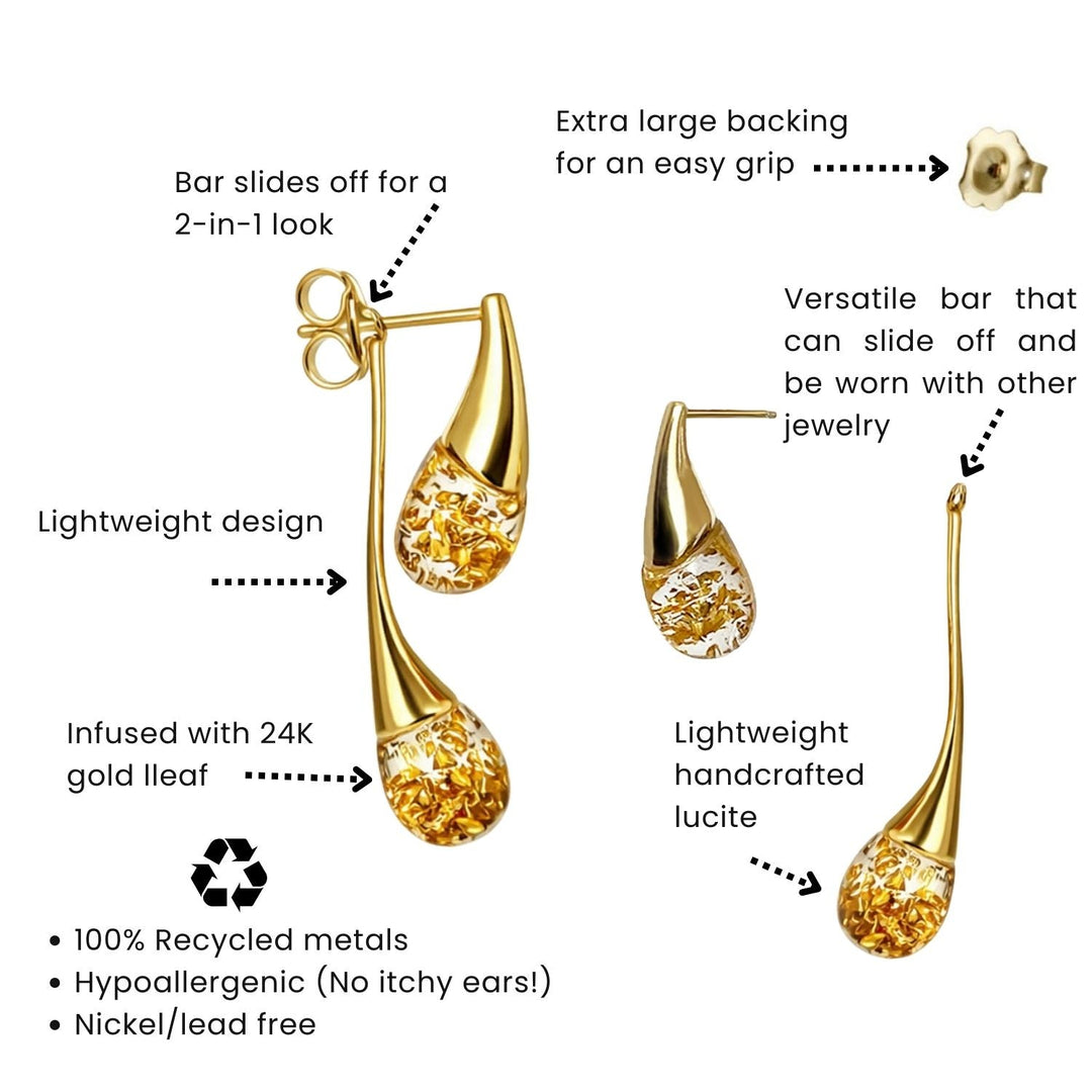 Double drop earring set: bar slides off, extra-large backing, 24K gold-leaf teardrops