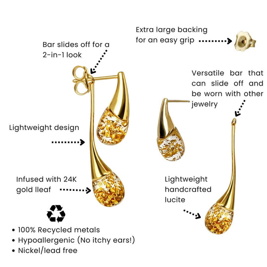 Double drop earring set: bar slides off, extra-large backing, 24K gold-leaf teardrops