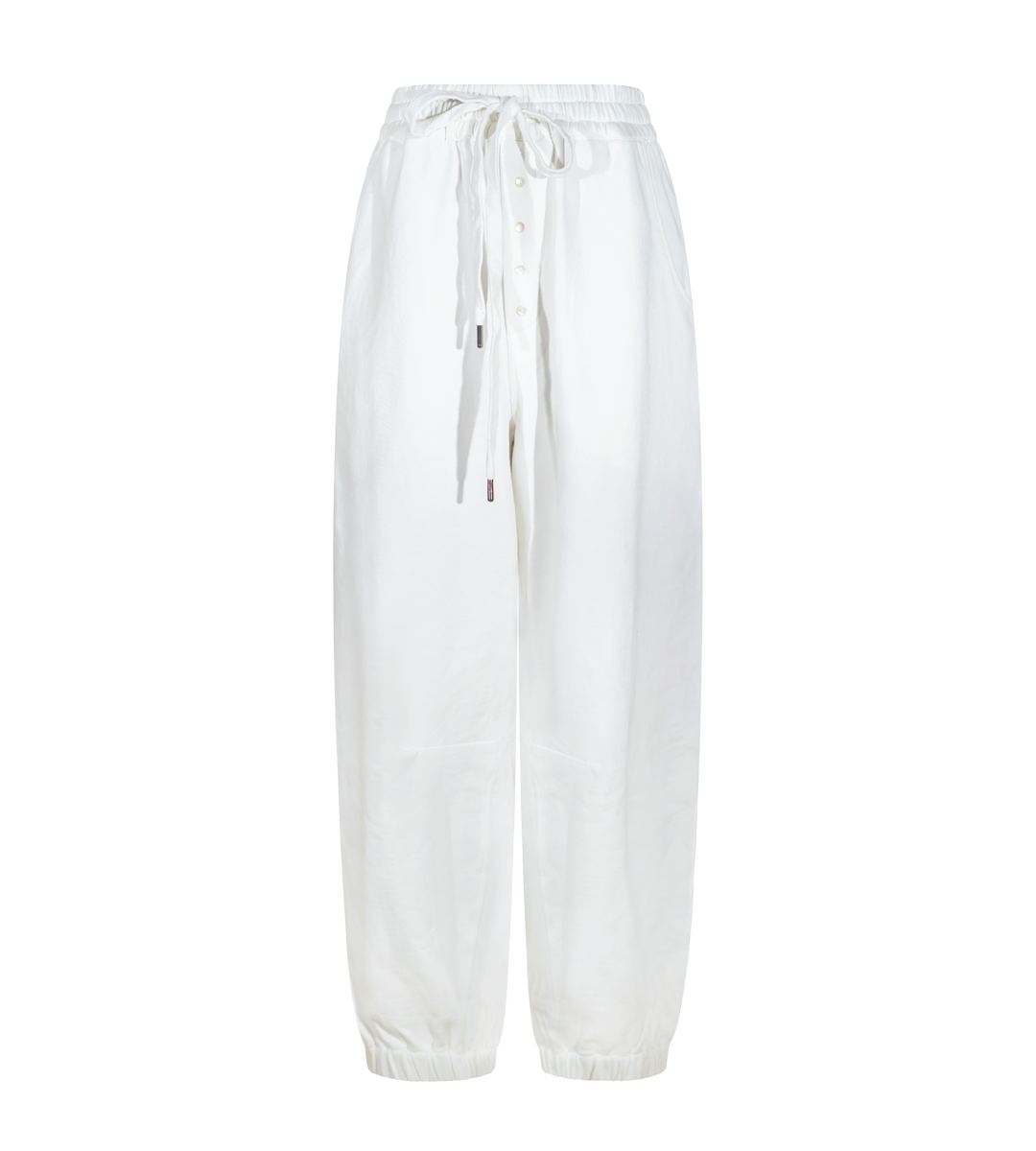 Off-white Harmony lounge pants, flat lay view with button front and drawstring ties