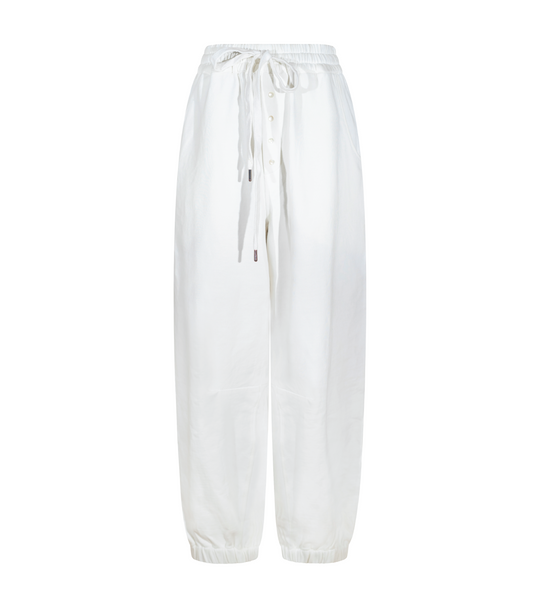 Off-white Harmony lounge pants, flat lay view with button front and drawstring ties