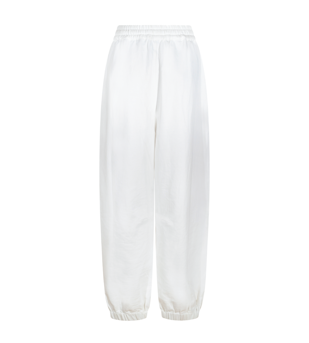 Off-white lounge pants, flat lay back view with elastic waistband and tapered legs