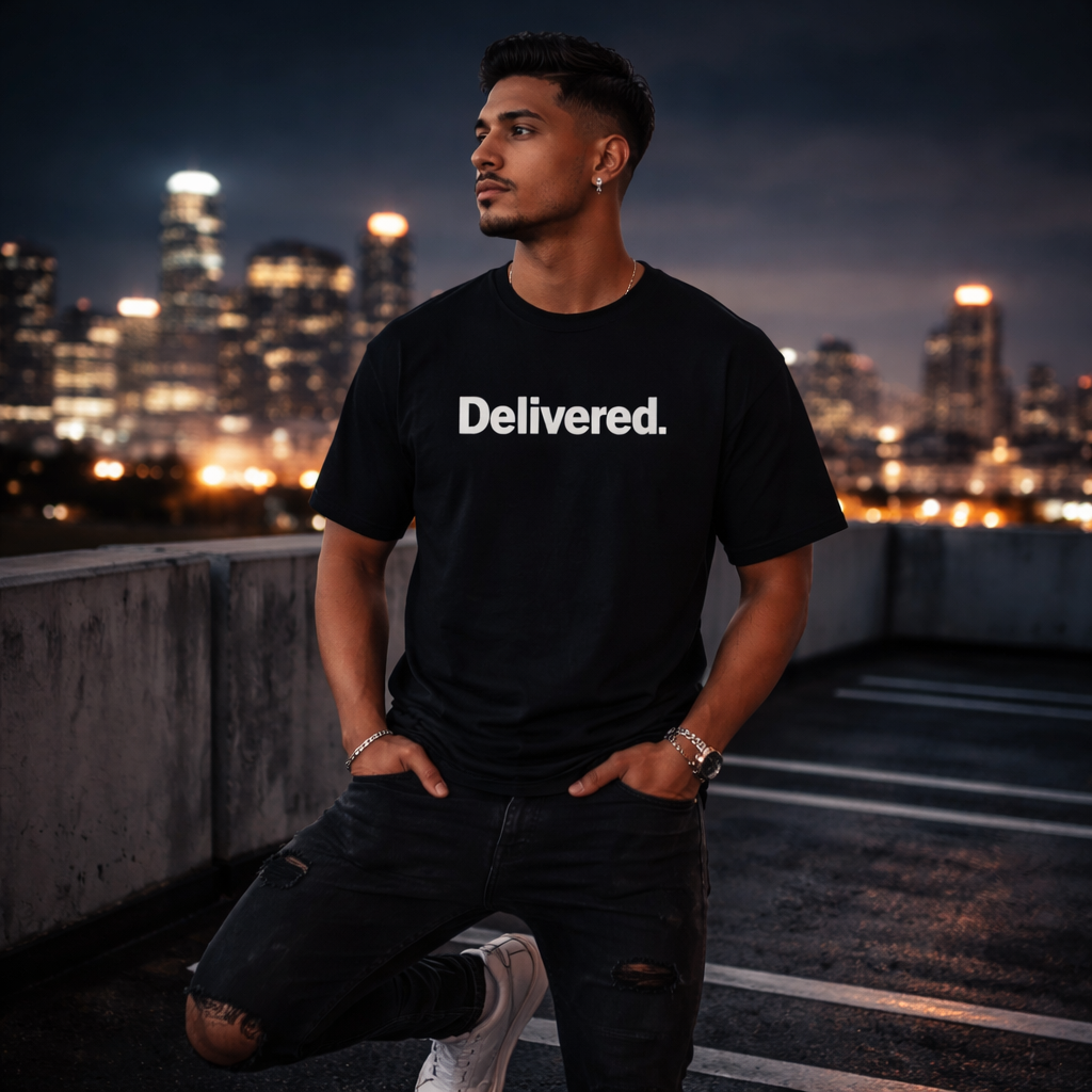 Black Delivered. graphic T-shirt, crew neck short sleeves