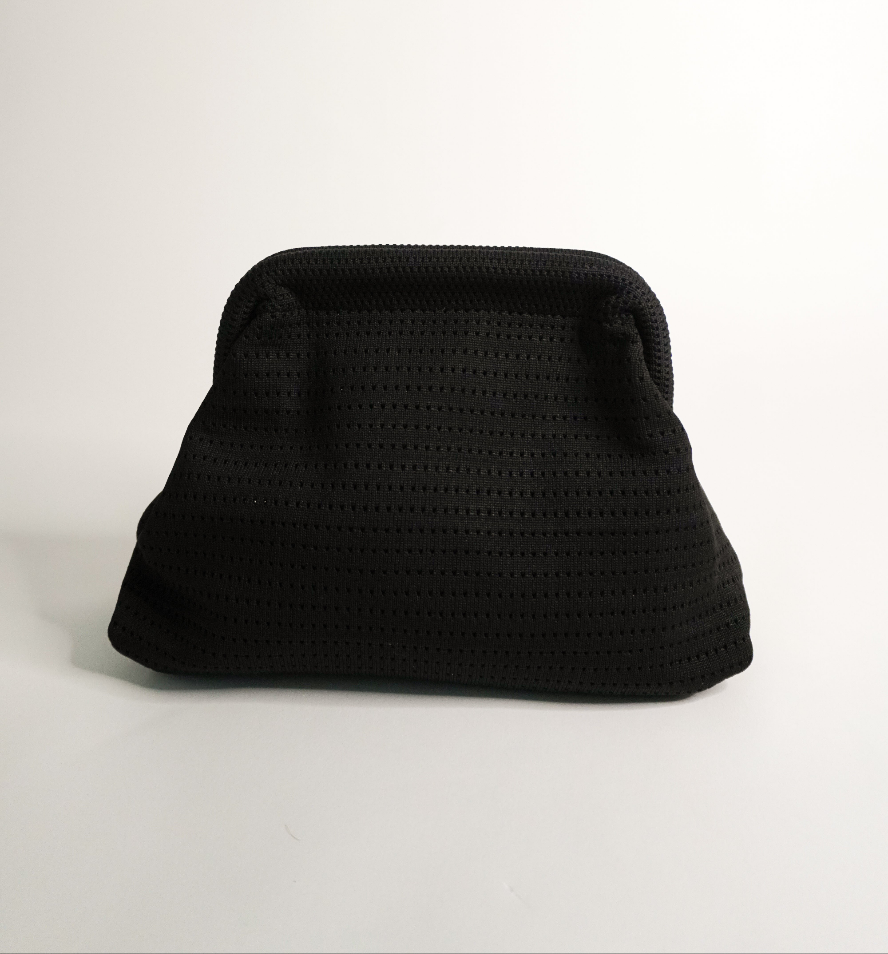 Black woven clutch with curved top and bucket-style silhouette