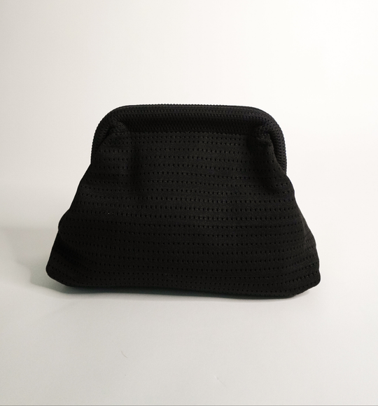 Black woven clutch with curved top and bucket-style silhouette