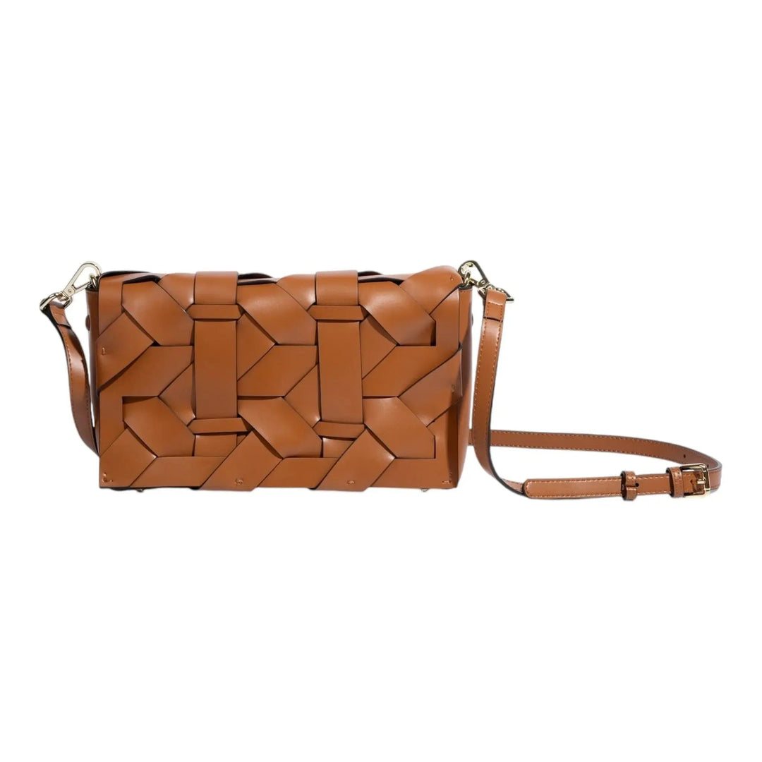 Camel-brown THE ZENOBIA clutch with woven pattern and crossbody strap