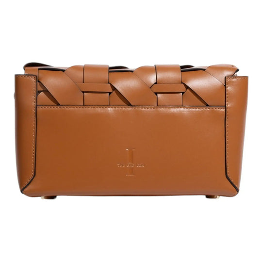 Camel-brown woven clutch front panel with embossed logo and curved side tabs