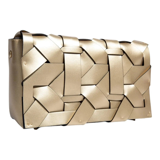THE ZENOBIA WOVEN CLUTCH in gold with woven geometric blocks and top handle
