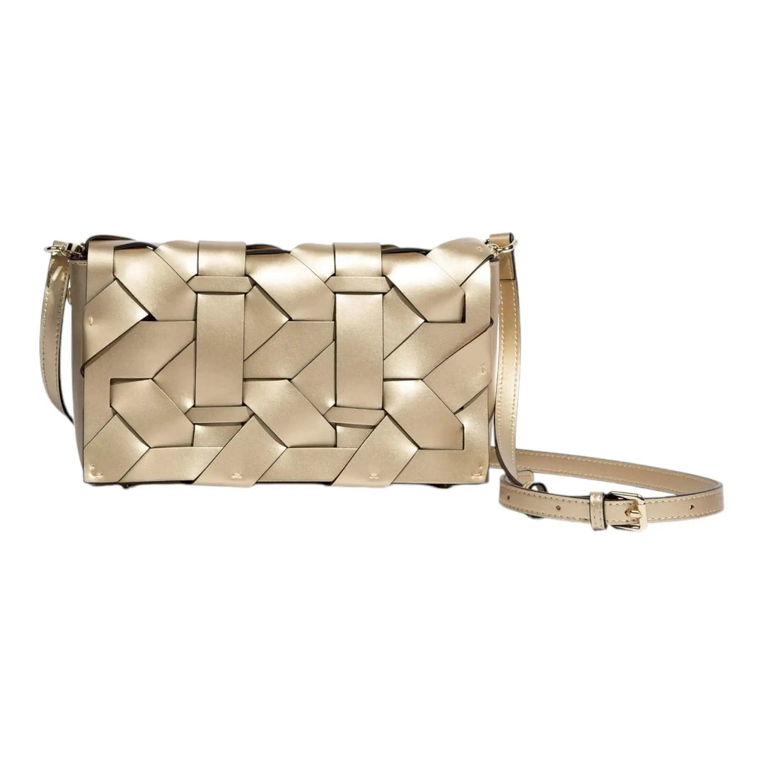 THE ZENOBIA WOVEN CLUTCH in gold with shoulder strap and woven geometric front