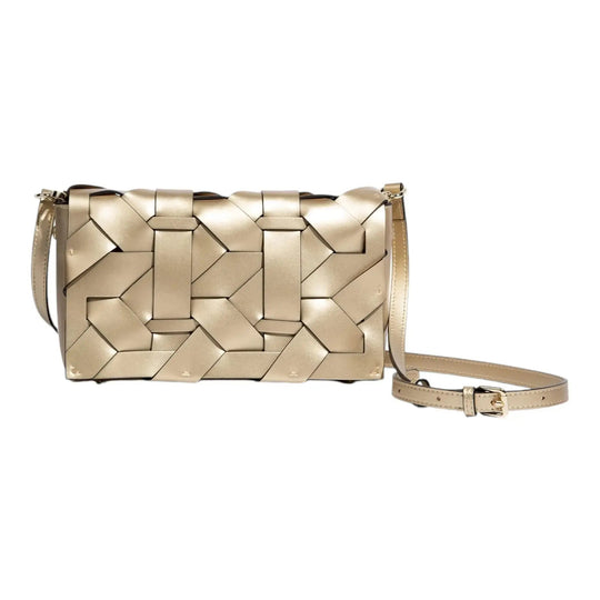 THE ZENOBIA WOVEN CLUTCH in gold with shoulder strap and woven geometric front