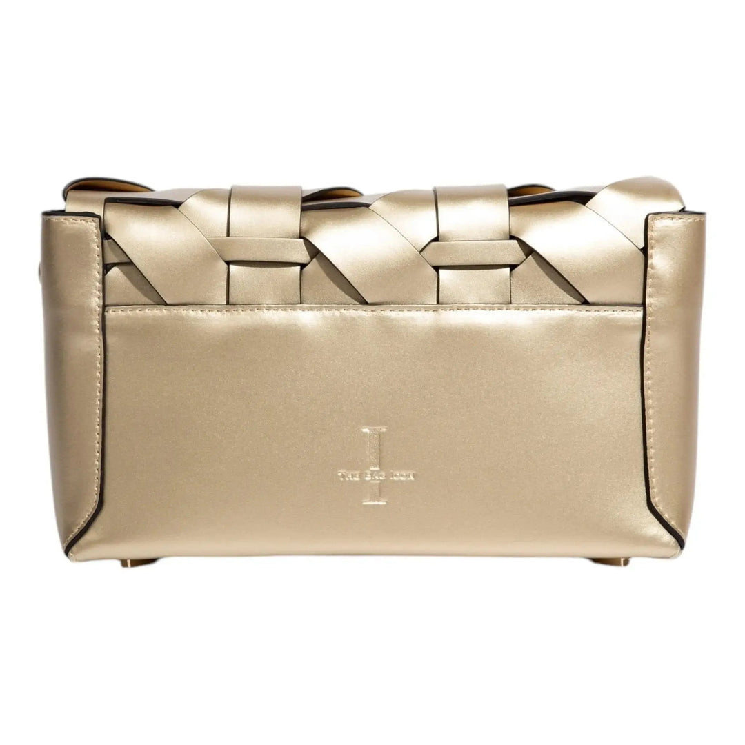 THE ZENOBIA WOVEN CLUTCH in ivory-gold with flat front and woven design