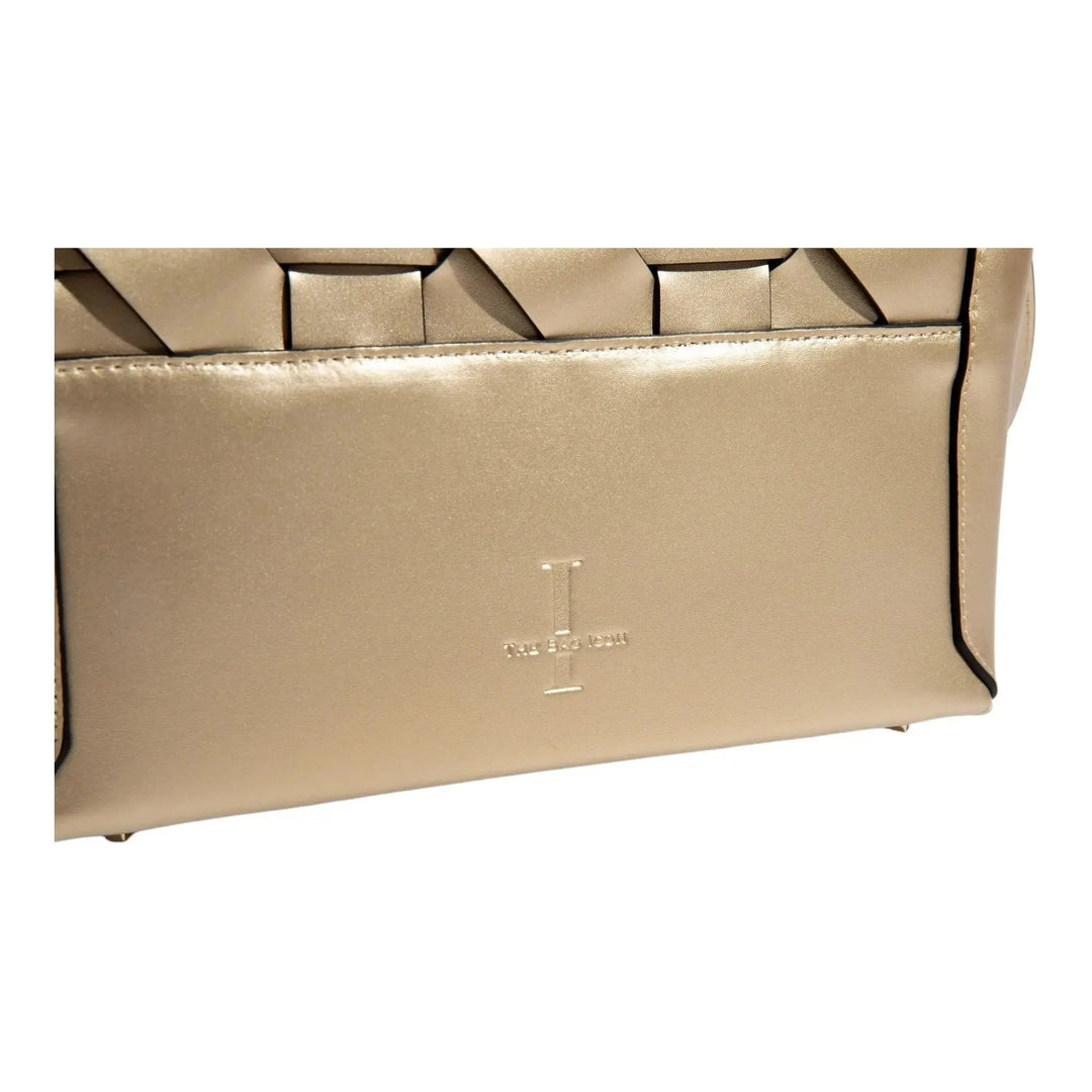 THE ZENOBIA WOVEN CLUTCH, gold front panel detail with woven texture