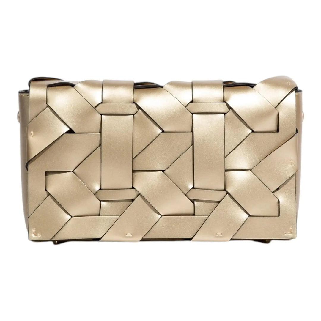 THE ZENOBIA WOVEN CLUTCH in ivory-gold with woven geometric block pattern