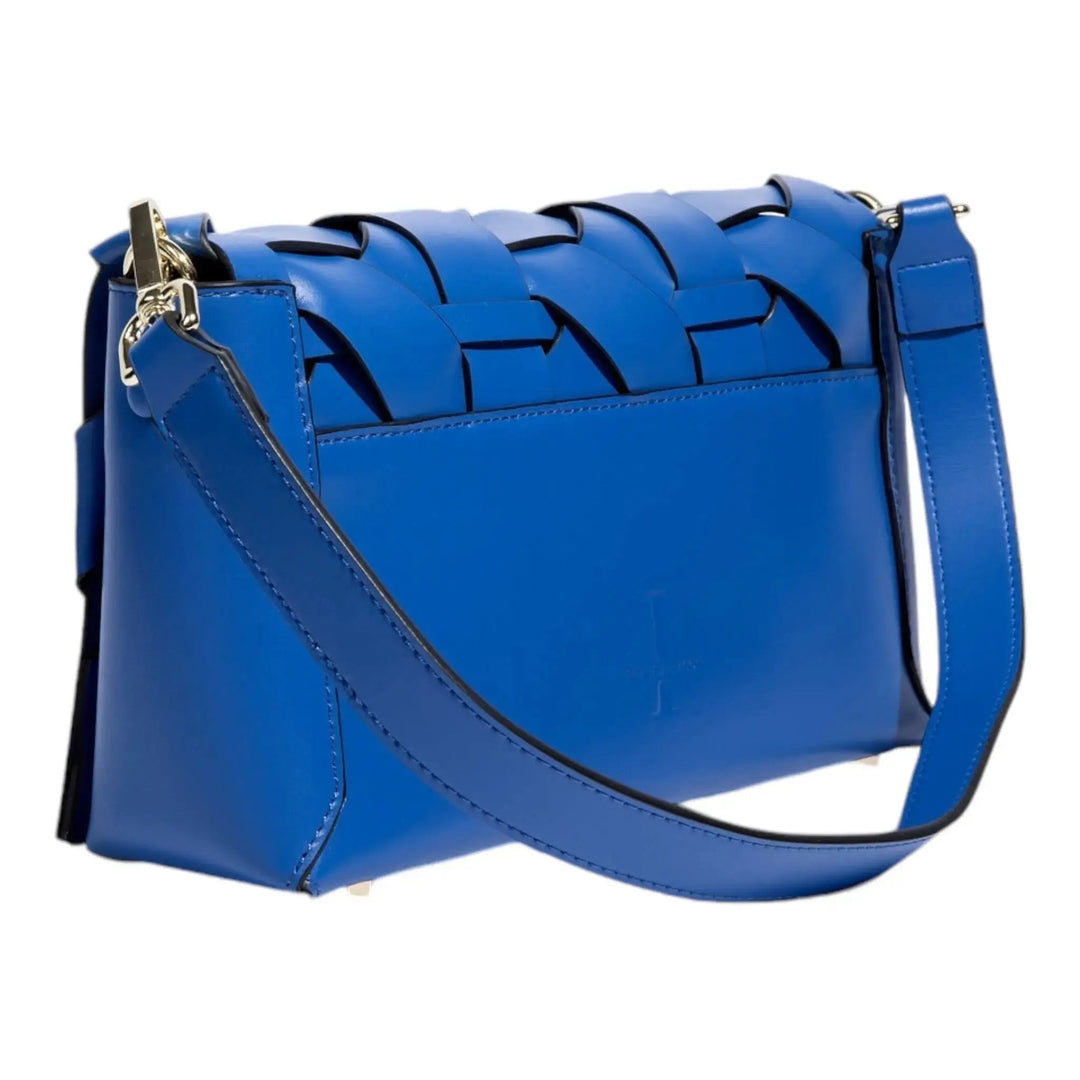 Blue woven clutch with chain strap and metal clasp hardware