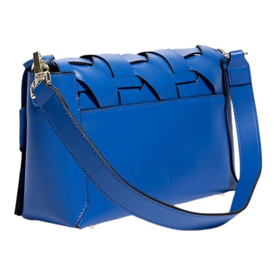 Blue woven clutch with chain strap and metal clasp hardware