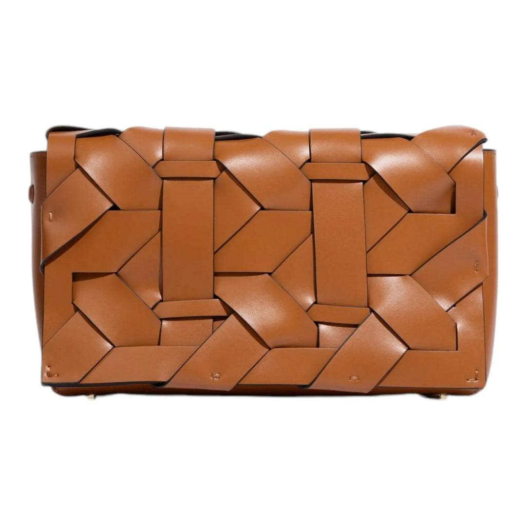 THE ZENOBIA woven clutch in camel/brown with raised geometric cube pattern