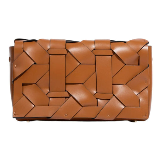 THE ZENOBIA woven clutch in camel/brown with raised geometric cube pattern