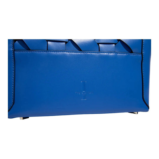 Blue woven clutch base with embossed logo center and stitched edges