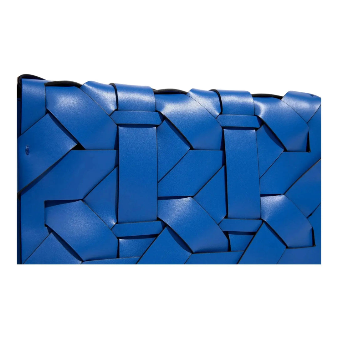 Blue THE ZENOBIA clutch close-up with woven geometric square and cube design