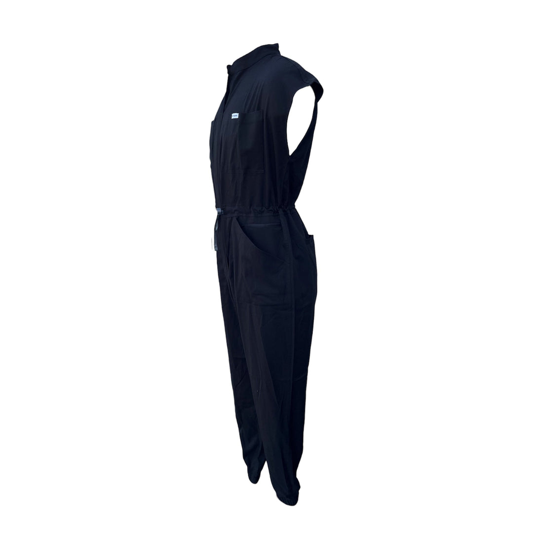 Black scrub jumpsuit, side view with adjustable drawstring waist and patch pockets.