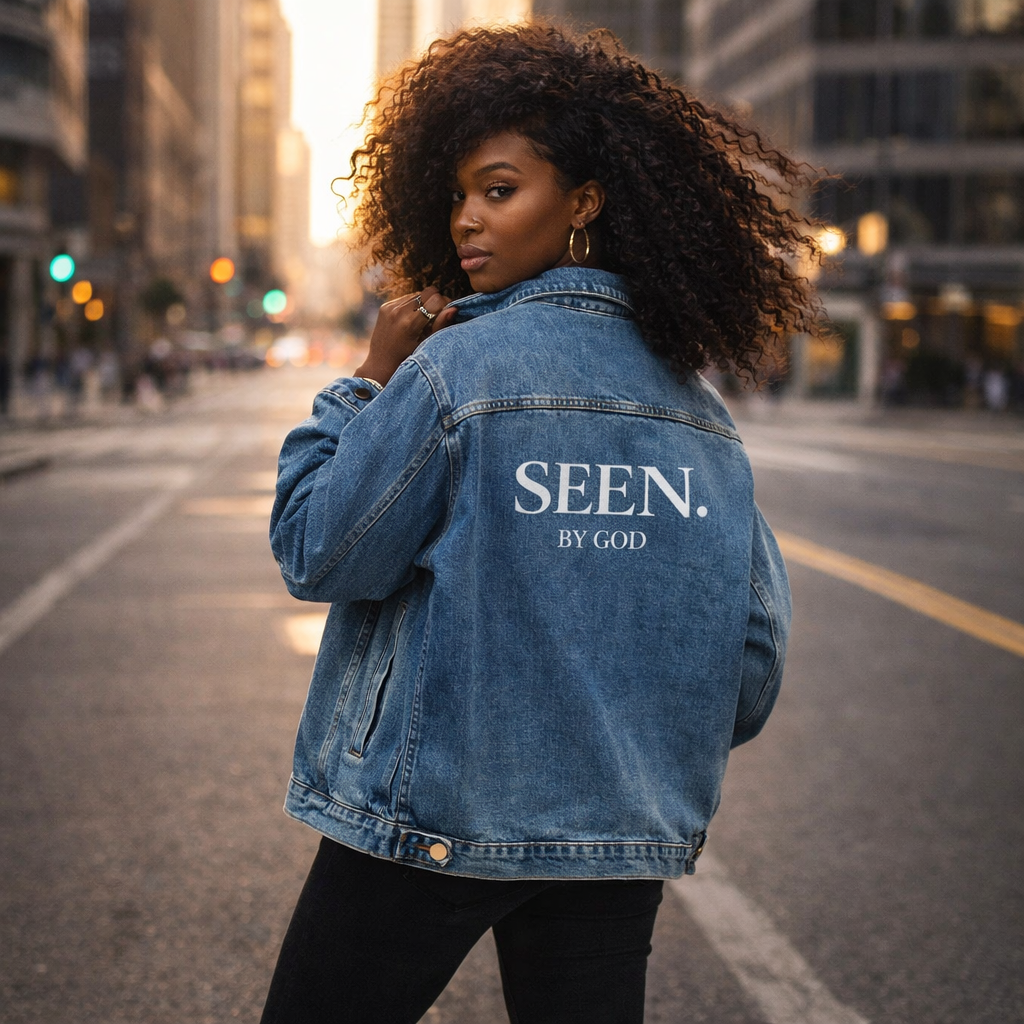 SEEN. BY GOD oversized denim jacket, medium wash—back graphic text center.