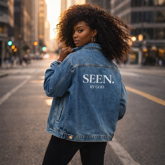 SEEN. BY GOD oversized denim jacket, medium wash—back graphic text center.