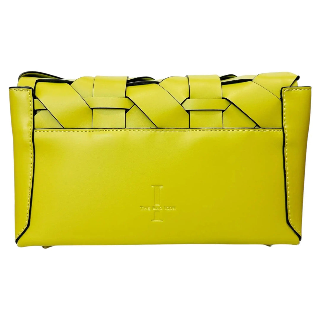 Mint green woven clutch with geometric pattern and side strap loops