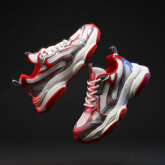 Enzo Motion X Infrared sneakers: heel and side view with red collar, white sole, laces