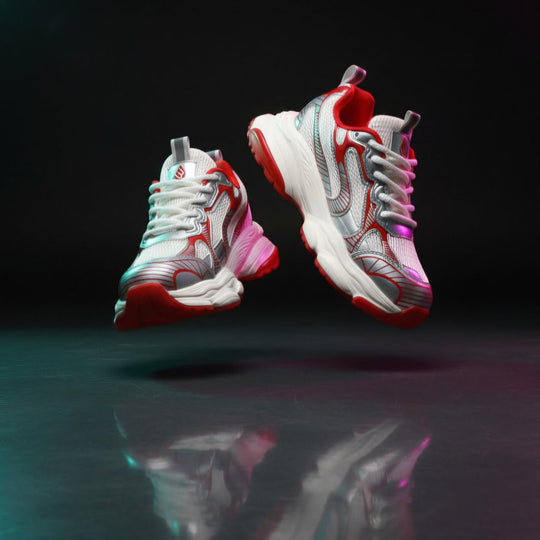 Enzo Motion X sneaker pair: lace-up white upper, red collar lining, blue/pink effects on trim