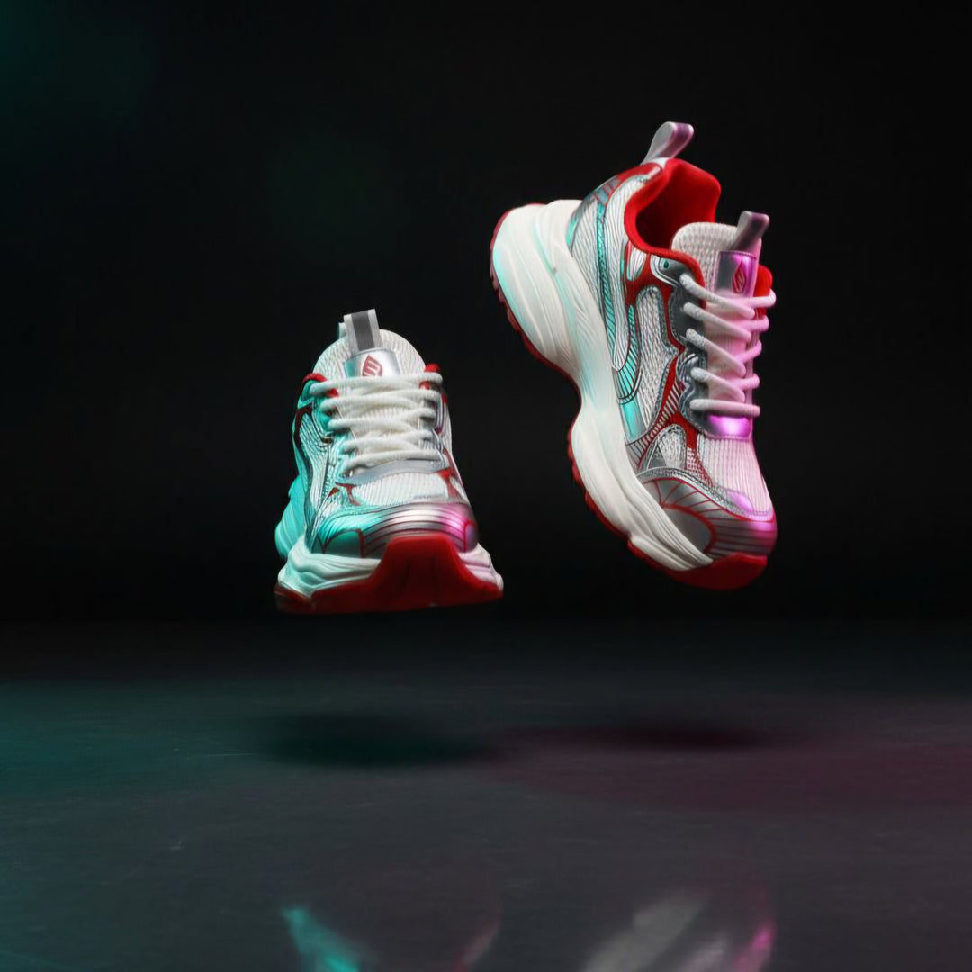 Enzo Motion X sneakers: lace-up front, red collar, white sole with red and pink accents