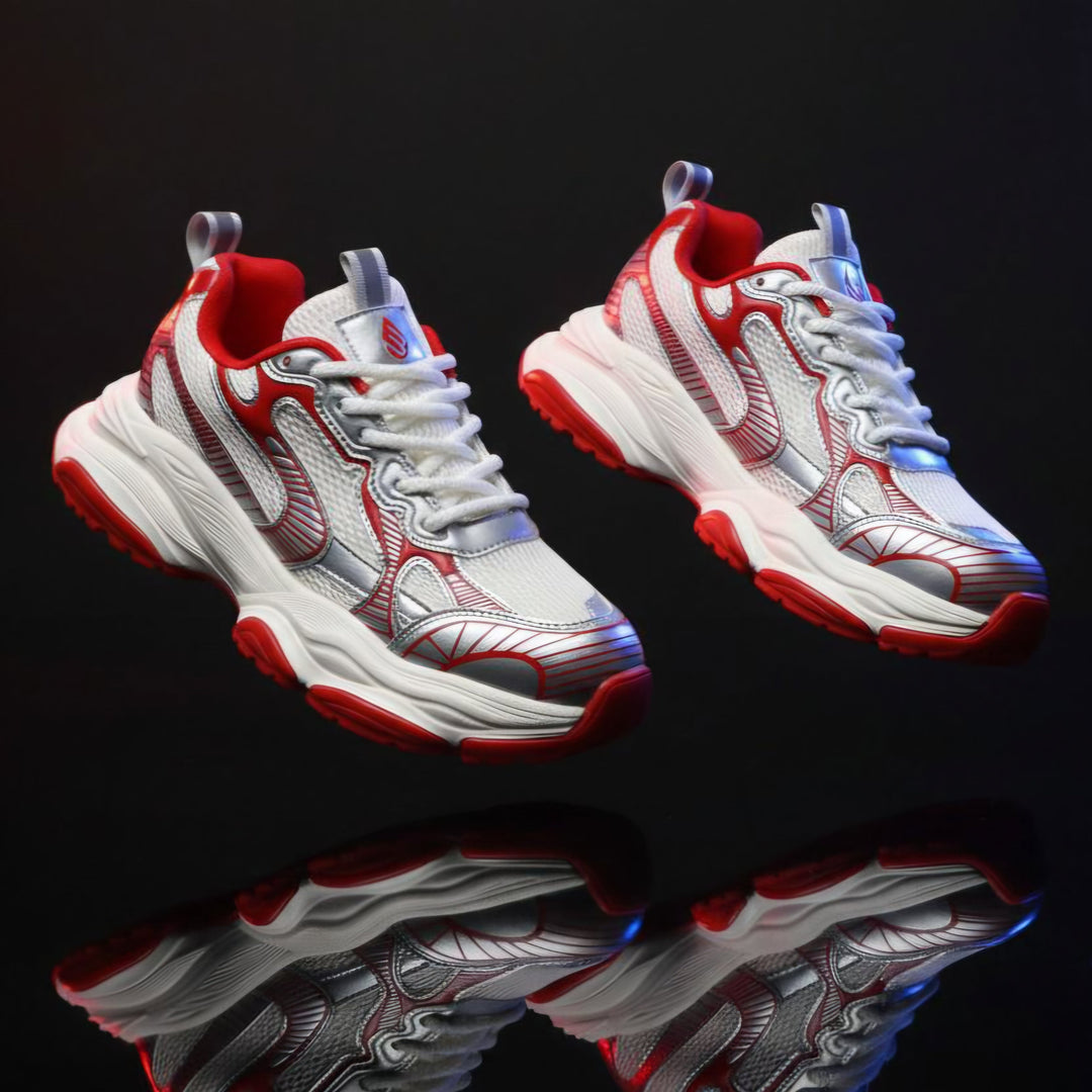 Enzo Motion X Infrared pair: white uppers, red collar, lace-up with molded side panels