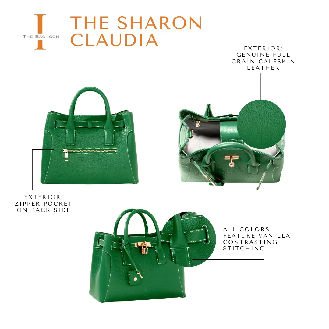 Green satchel with front zip pocket and gold lock hardware, side view