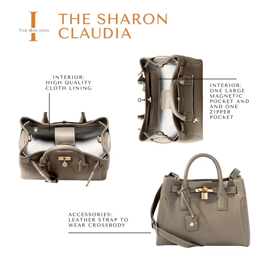 Taupe THE SHARON CLAUDIA satchel showing top handles and hanging key tag