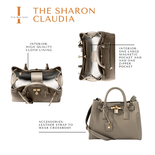 Taupe THE SHARON CLAUDIA satchel showing top handles and hanging key tag
