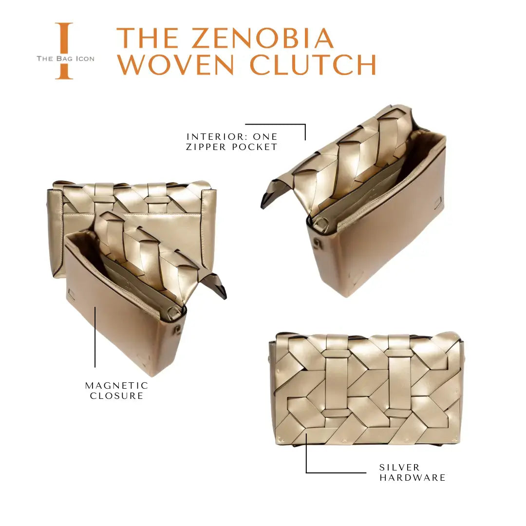 Woven metallic clutch bag with geometric pattern and magnetic closure