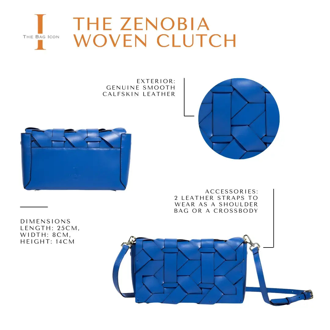 Blue woven clutch with geometric front and shoulder strap hardware