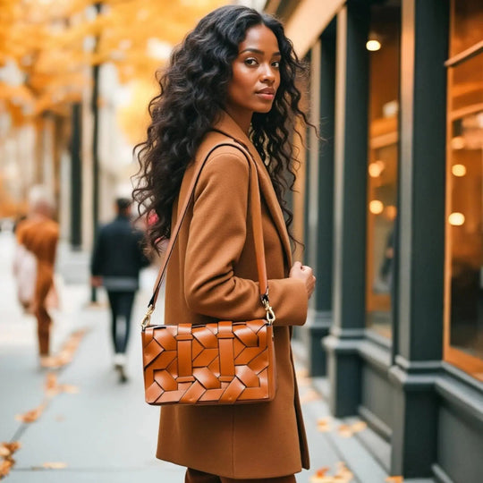 THE ZENOBIA woven clutch in camel brown with structured interlaced panels