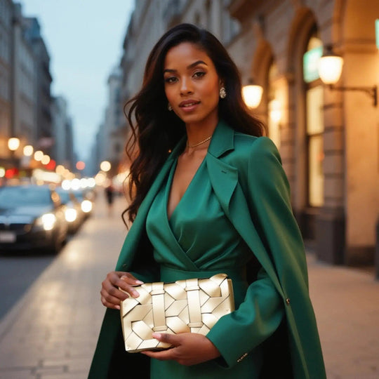 Gold woven clutch with geometric braid pattern, held in hand