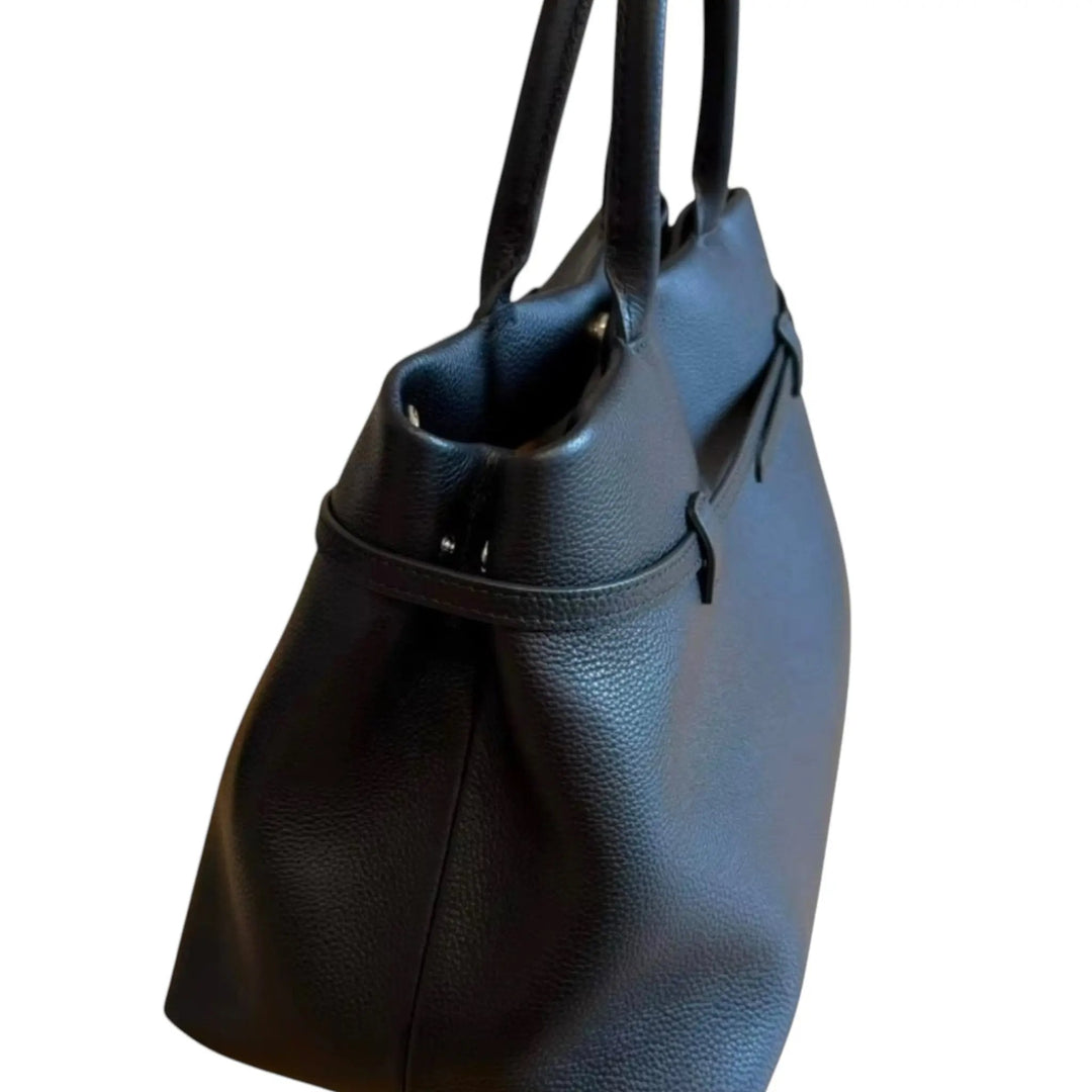XL Sarah large belt tote bag with dual top handles, dark textured leather-look