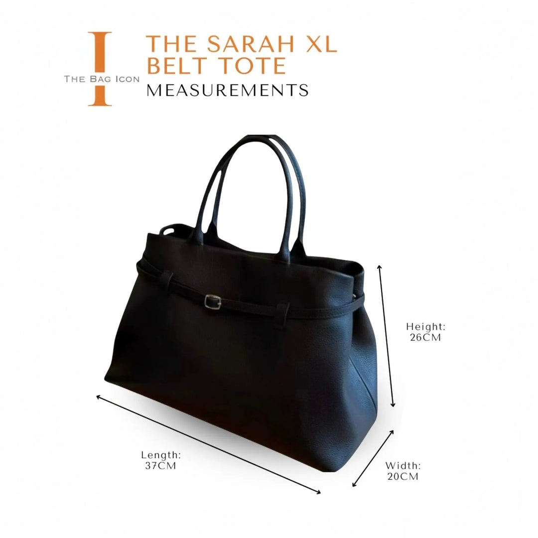 THE SARAH XL belt tote bag measurements diagram, front view with size arrows