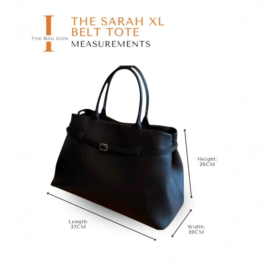 THE SARAH XL belt tote bag measurements diagram, front view with size arrows