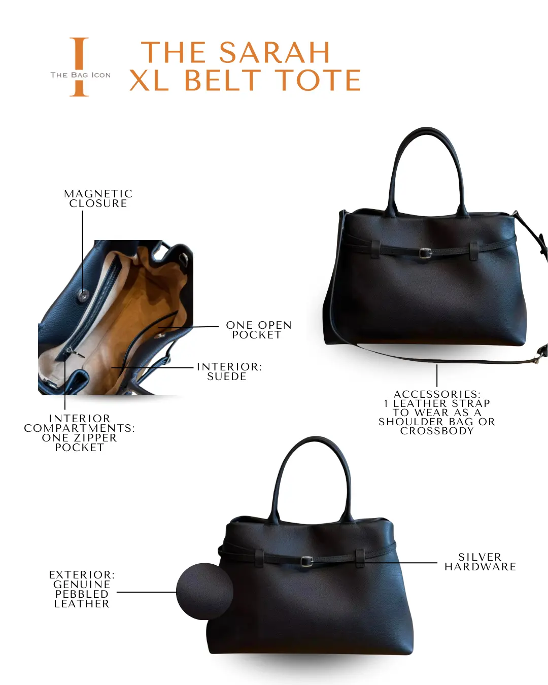 THE SARAH XL belt tote bag features diagram: magnetic closure, pocket, sueded interior