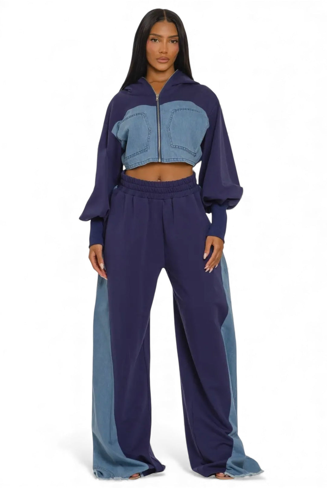 Two-Tone Denim Panel Utility Set with zip hoodie and elastic-waist wide-leg pants