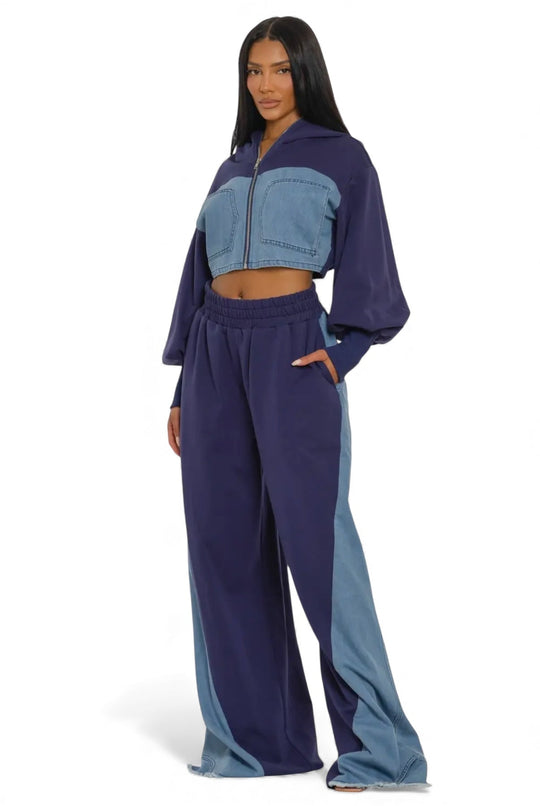Utility set two-tone hoodie and joggers, side view with denim chest panels
