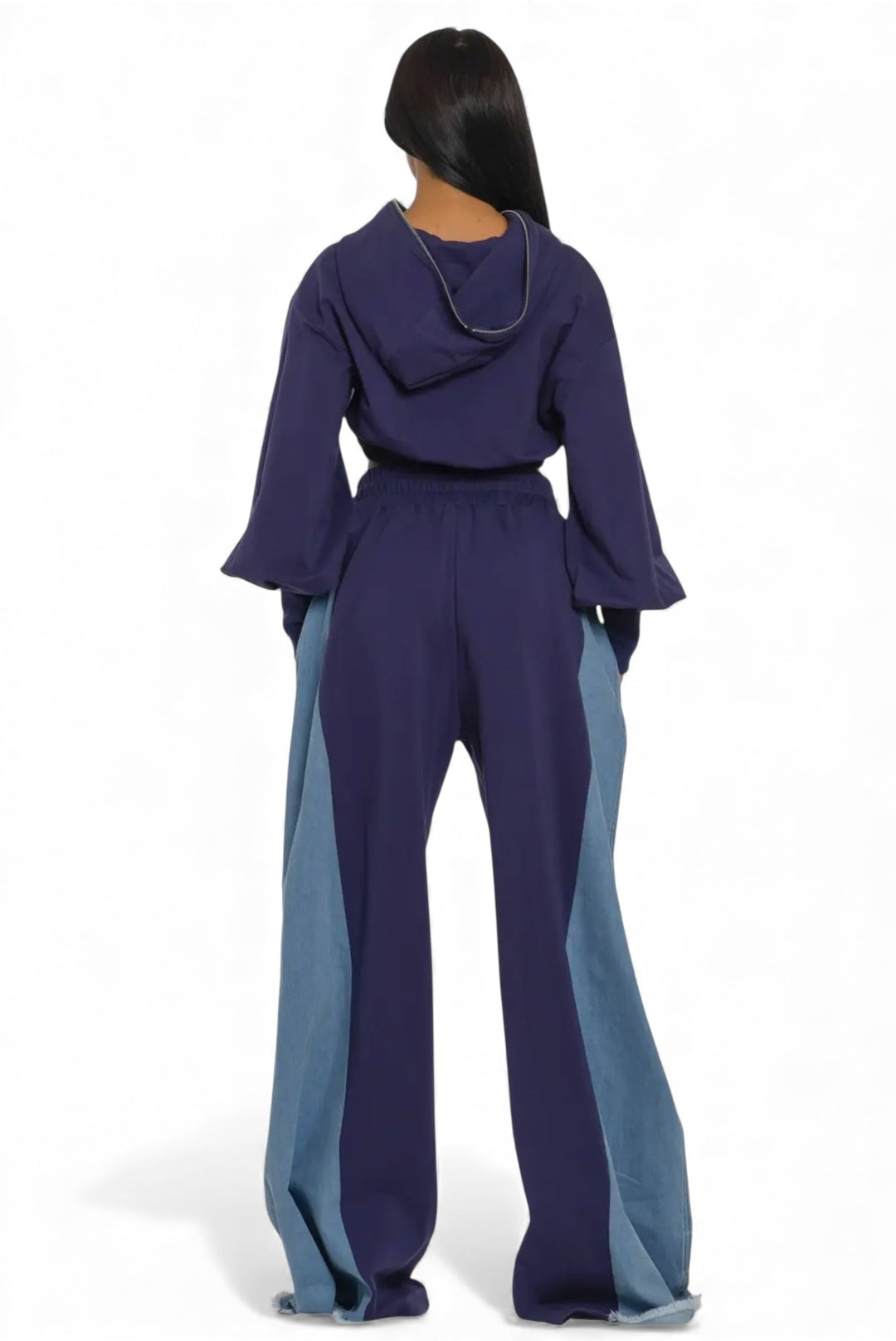 Two-tone denim panel utility set, back view with hooded cropped jacket and wide pants