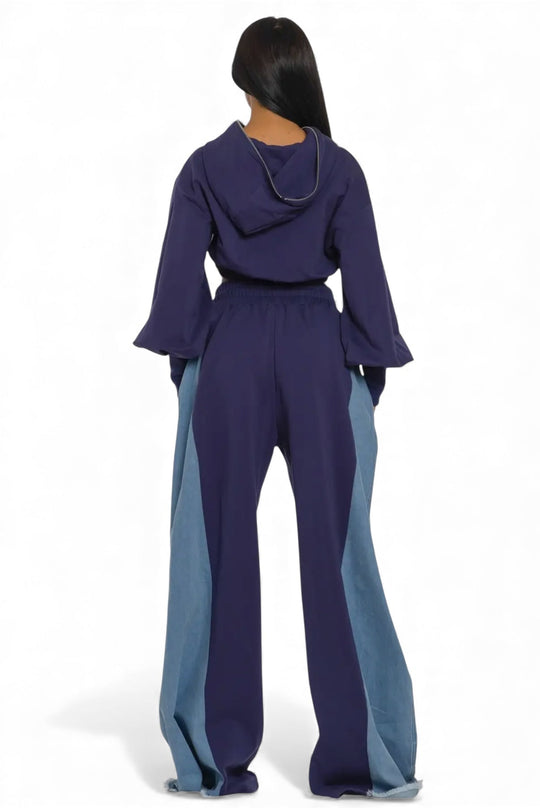 Two-tone denim panel utility set, back view with hooded cropped jacket and wide pants
