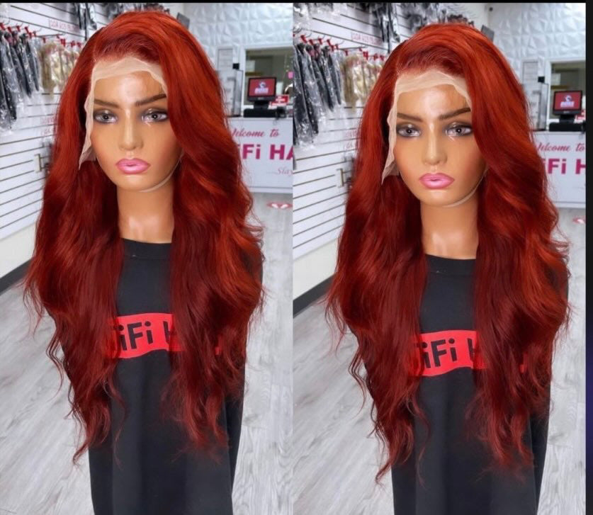 Amber unit: long wavy auburn-red hair wig with side-part and lace front.