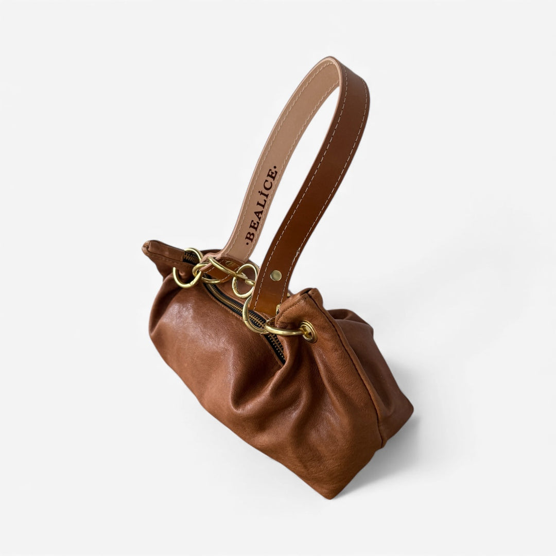 BeAlice brown leather shoulder bag with logo strap and gold chain hardware