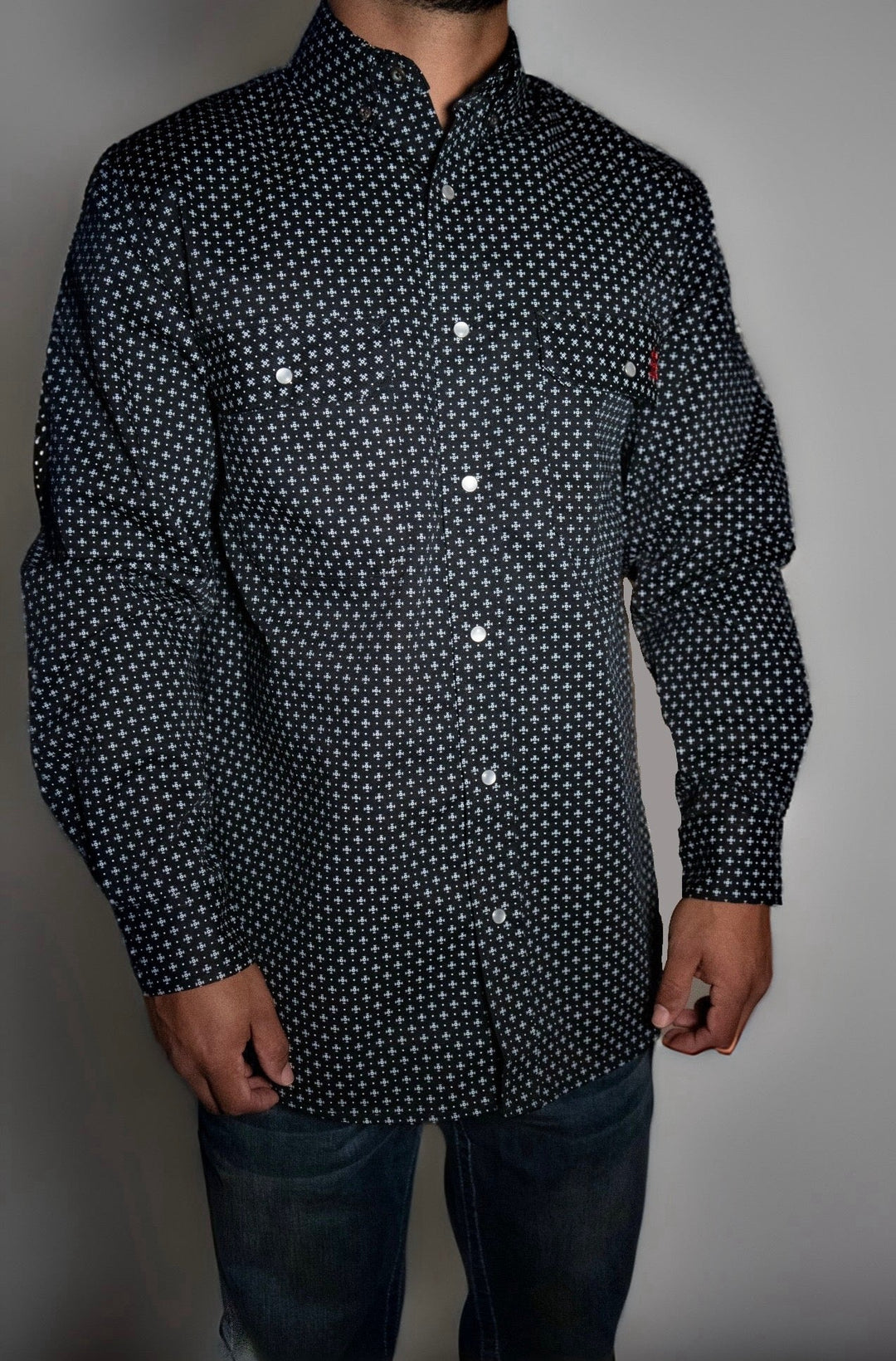 FR Pearl Snap work shirt, dark star print, pearl snap buttons