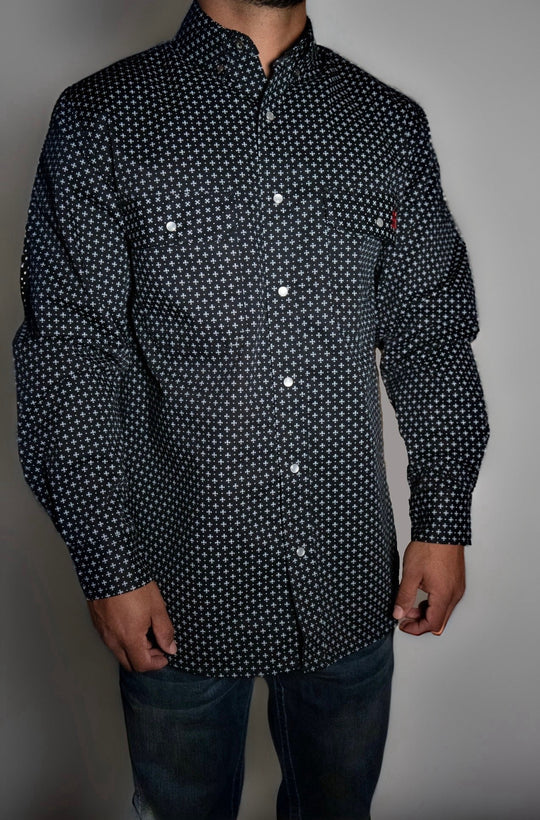 FR Pearl Snap work shirt, dark star print, pearl snap buttons